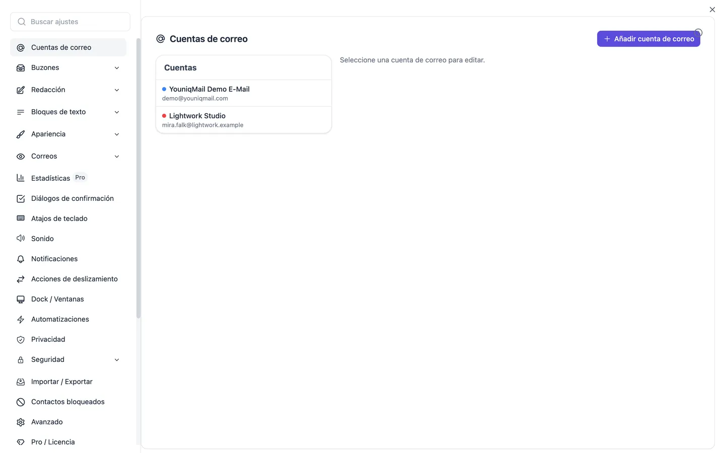 La gestión de cuentas en los ajustes: cuentas configuradas con nombre visible y dirección, junto al botón para añadir una cuenta