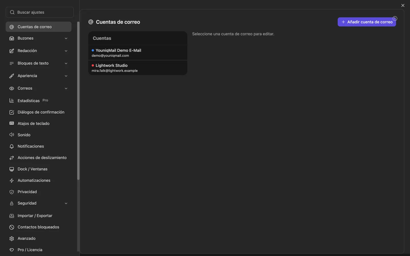 La gestión de cuentas en los ajustes: cuentas configuradas con nombre visible y dirección, junto al botón para añadir una cuenta