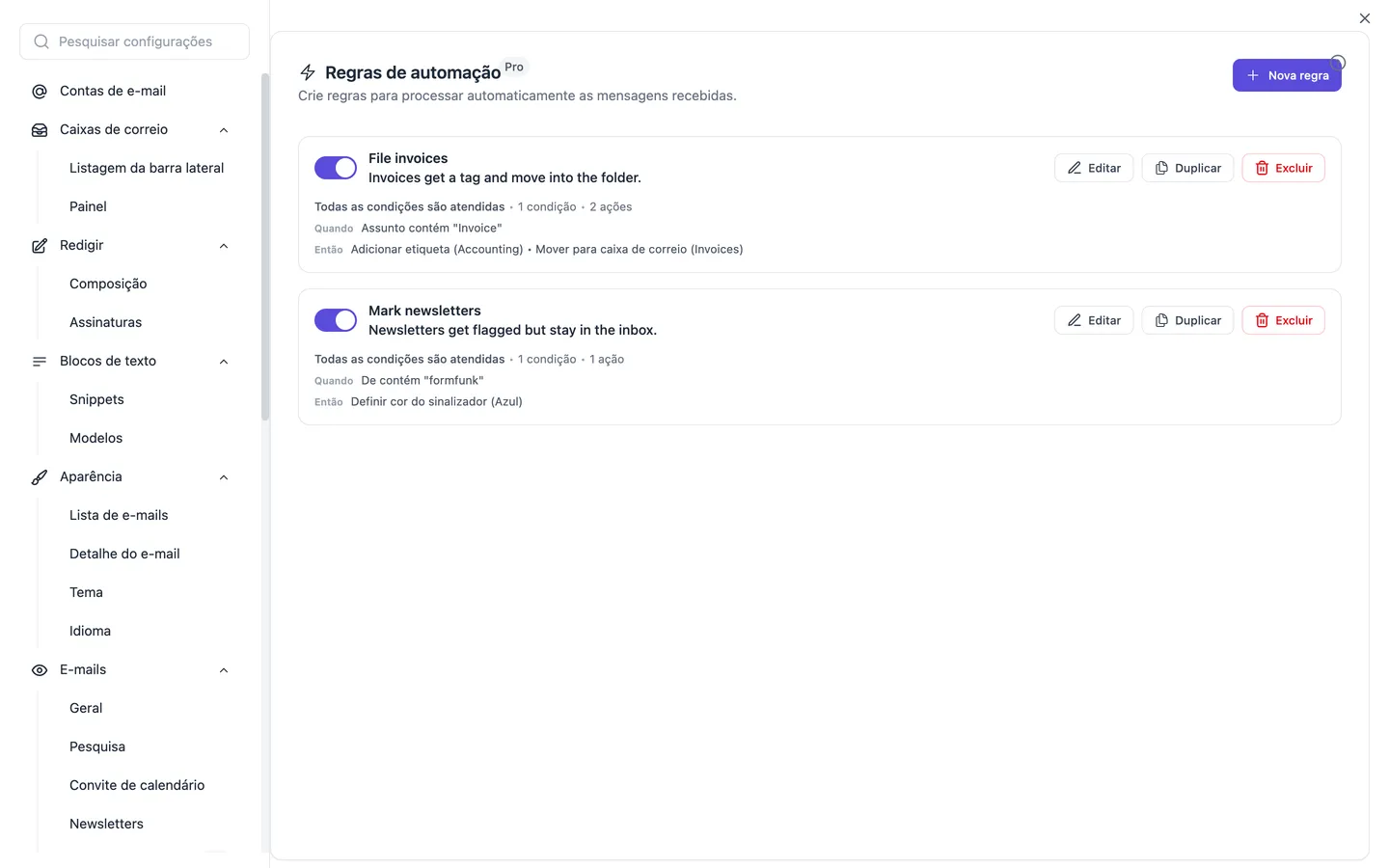 As configurações de automações com a lista de regras; cada regra mostra suas condições e ações