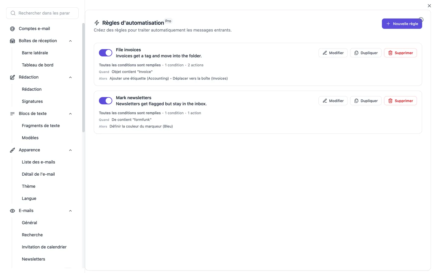 Les paramètres d'automatisation avec la liste des règles ; chaque règle montre ses conditions et ses actions