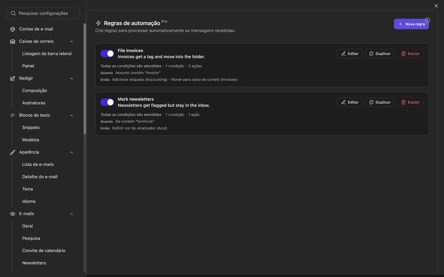 As configurações de automações com a lista de regras; cada regra mostra suas condições e ações