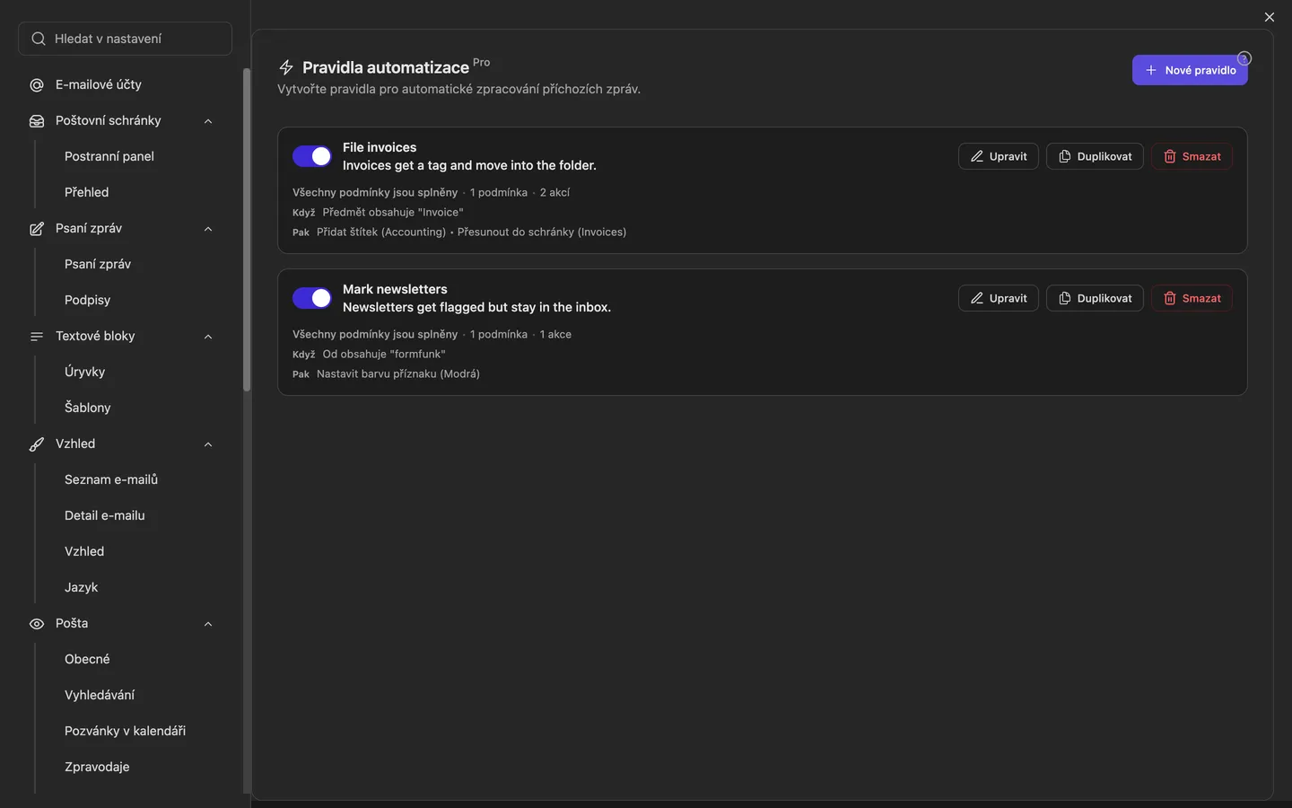 Nastavení automatizace se seznamem pravidel; každé pravidlo ukazuje své podmínky a akce