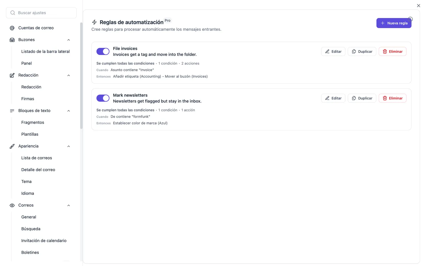 Los ajustes de automatización con la lista de reglas; cada regla muestra sus condiciones y acciones