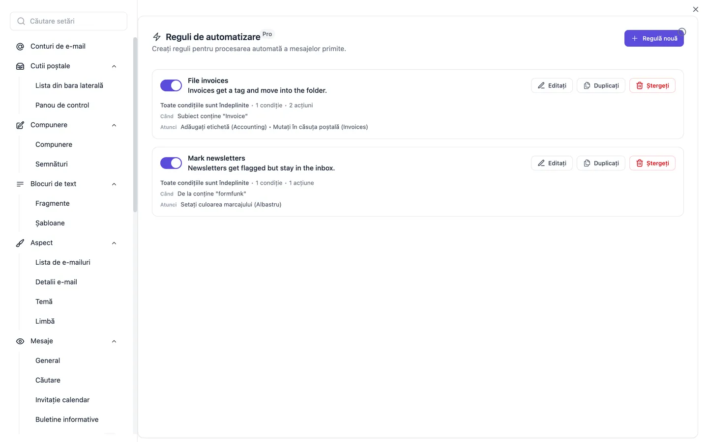 Setările de automatizare cu lista regulilor; fiecare regulă își arată condițiile și acțiunile