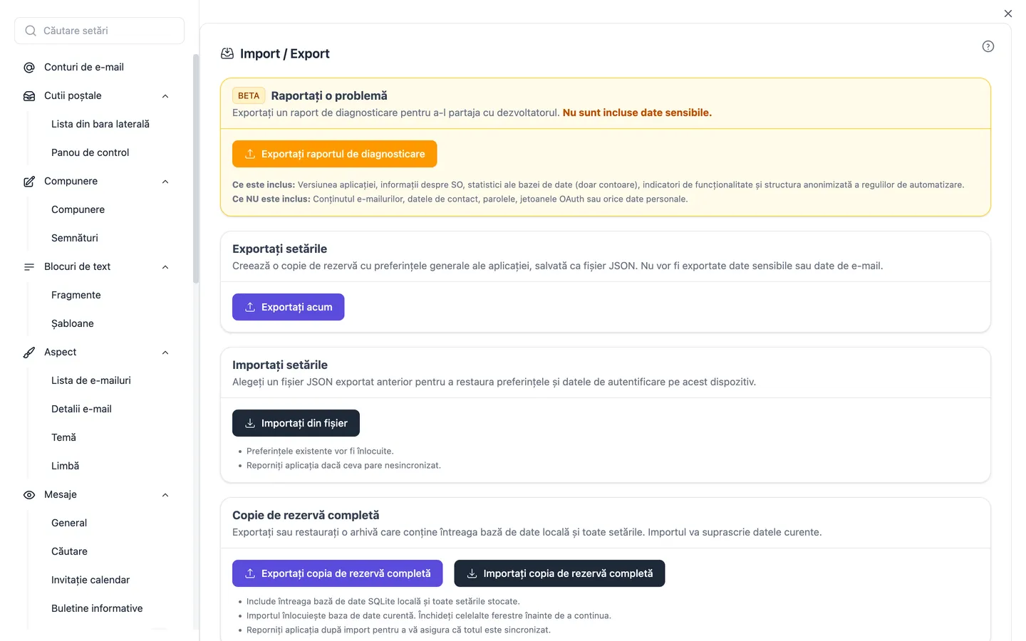 Setările de import/export cu copie de rezervă completă, restaurare și asistentul de import pentru alte programe de e-mail
