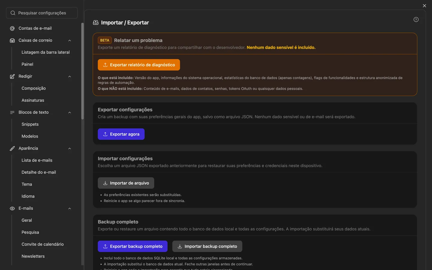 As configurações de Importar/Exportar, onde também é iniciado o assistente de importação para Thunderbird, Apple Mail, Outlook, eM Client, Mailbird e Mailspring