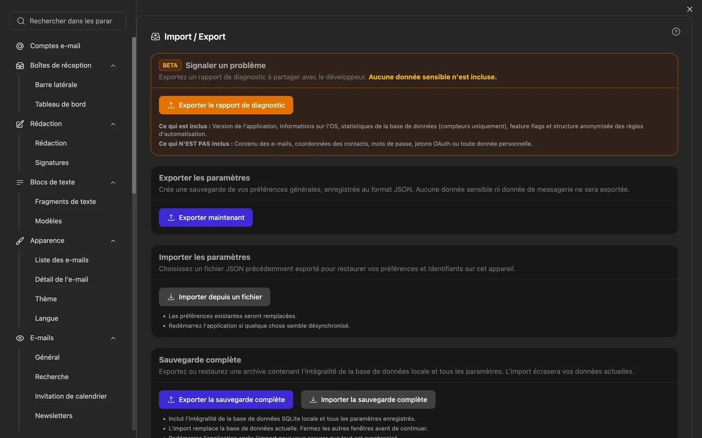 Les paramètres d'import/export, où se lance aussi l'assistant d'importation pour Thunderbird, Apple Mail, Outlook, eM Client, Mailbird et Mailspring