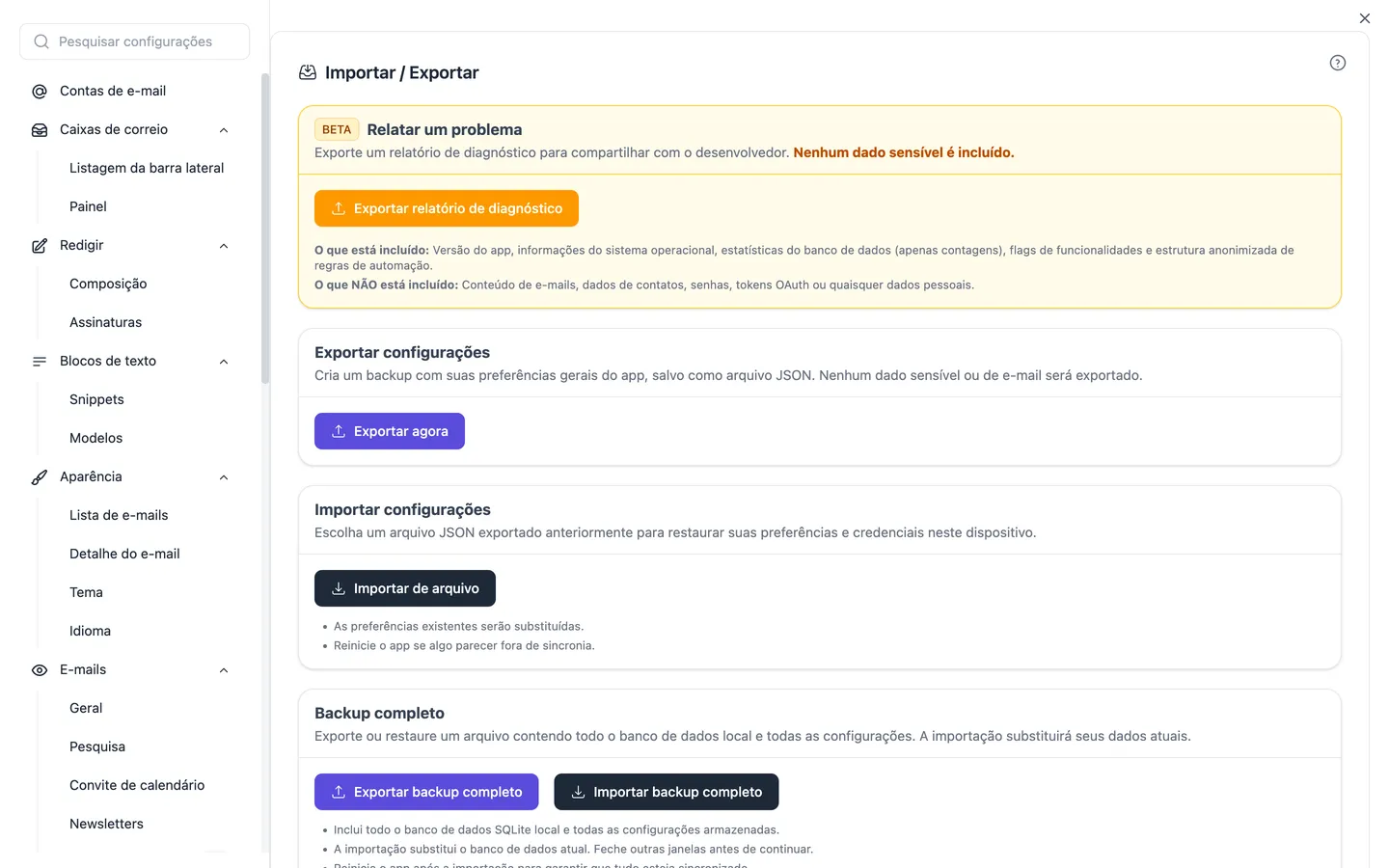 As configurações de Importar/Exportar, onde também é iniciado o assistente de importação para Thunderbird, Apple Mail, Outlook, eM Client, Mailbird e Mailspring