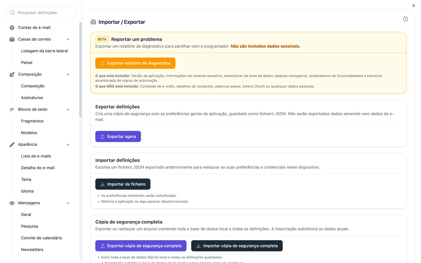 As definições de Importar/Exportar com cópia de segurança completa, restauro e o assistente de importação para outros programas de e-mail