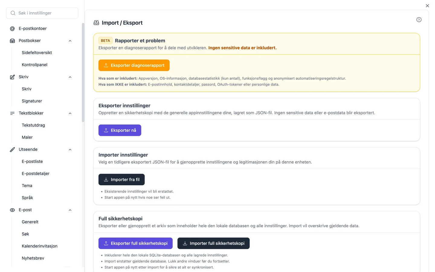 Innstillingene for import og eksport, der også importveiviseren for Thunderbird, Apple Mail, Outlook, eM Client, Mailbird og Mailspring starter