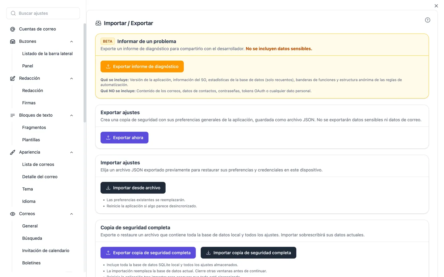 Los ajustes de importación y exportación con la copia de seguridad completa, la restauración y el asistente de importación desde otros programas de correo