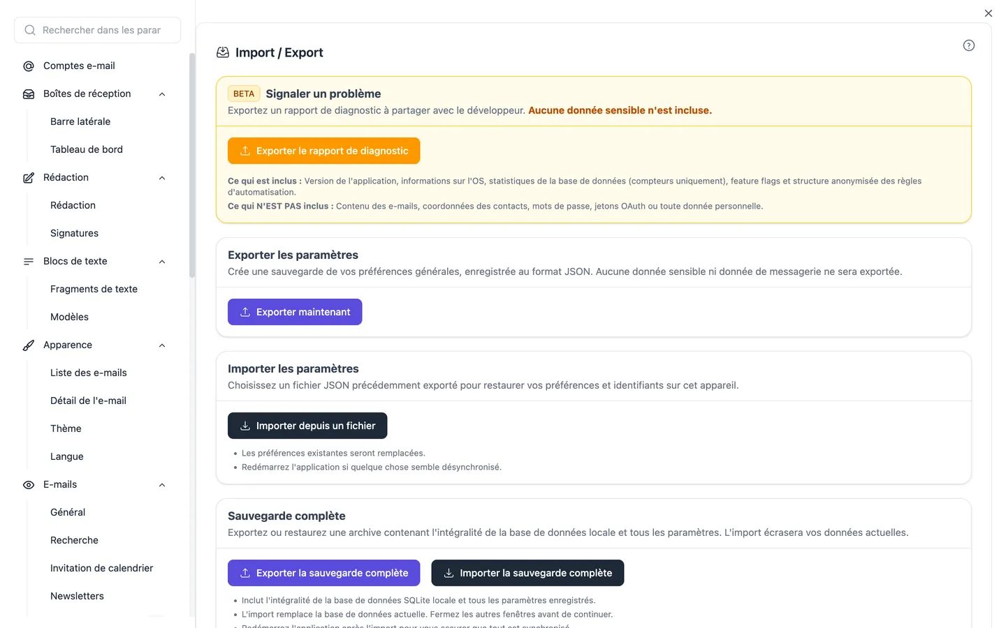 Les paramètres d'import/export, où se lance aussi l'assistant d'importation pour Thunderbird, Apple Mail, Outlook, eM Client, Mailbird et Mailspring