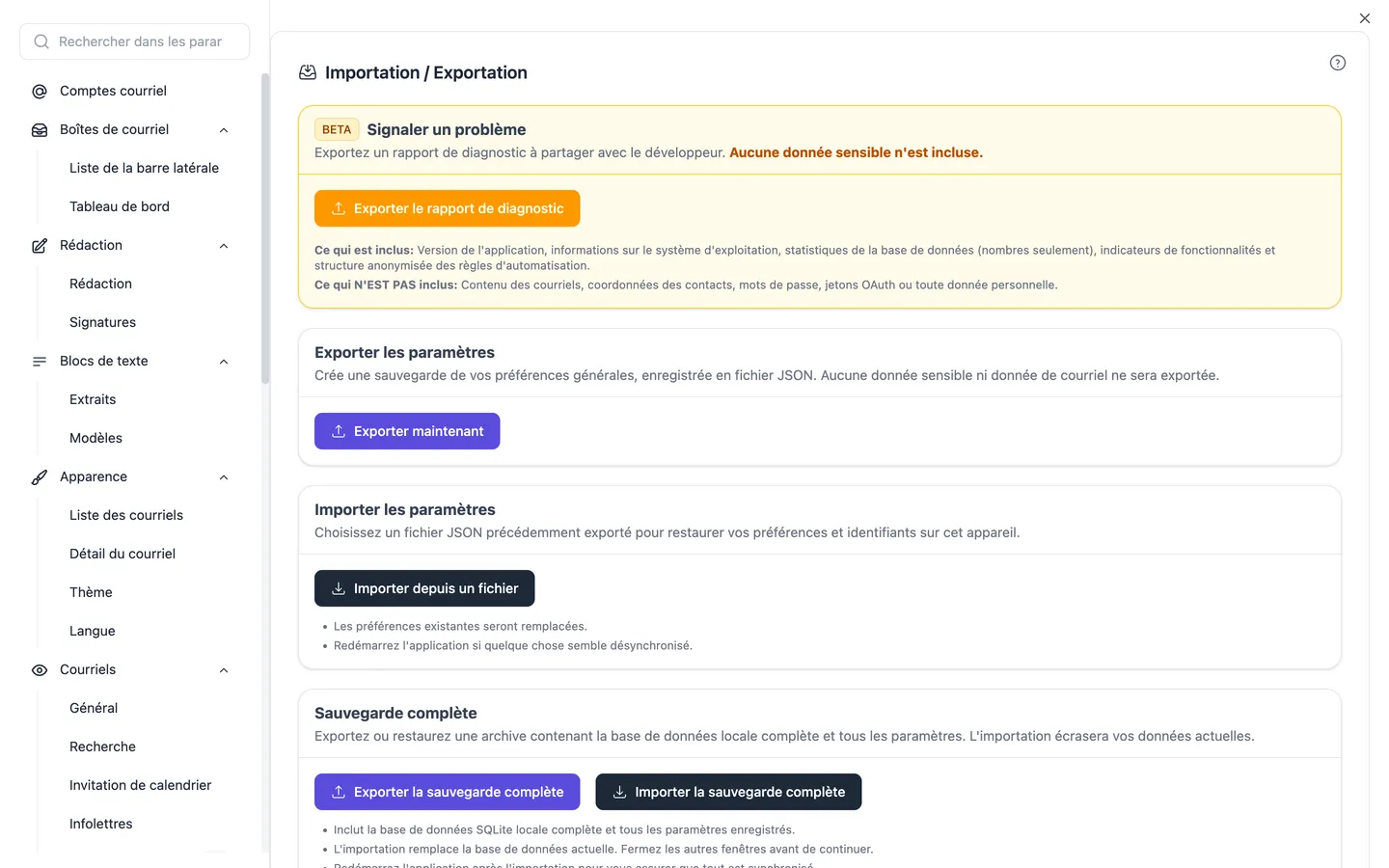 Les paramètres d'importation et d'exportation, où démarre aussi l'assistant d'importation pour Thunderbird, Apple Mail, Outlook, eM Client, Mailbird et Mailspring