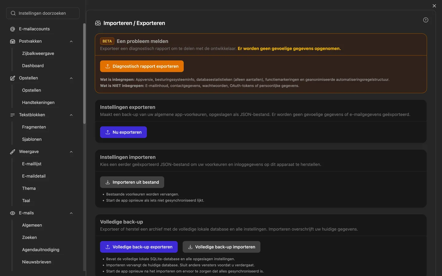 De instellingen voor importeren en exporteren met volledige back-up, herstel en de importassistent voor andere mailprogramma's