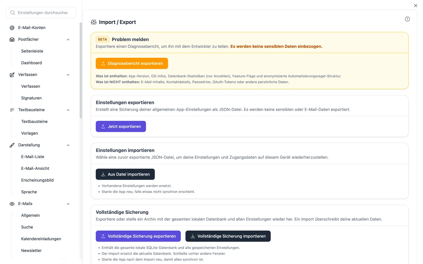Die Import/Export-Einstellungen, in denen auch der Import-Assistent für Thunderbird, Apple Mail, Outlook, eM Client, Mailbird und Mailspring startet