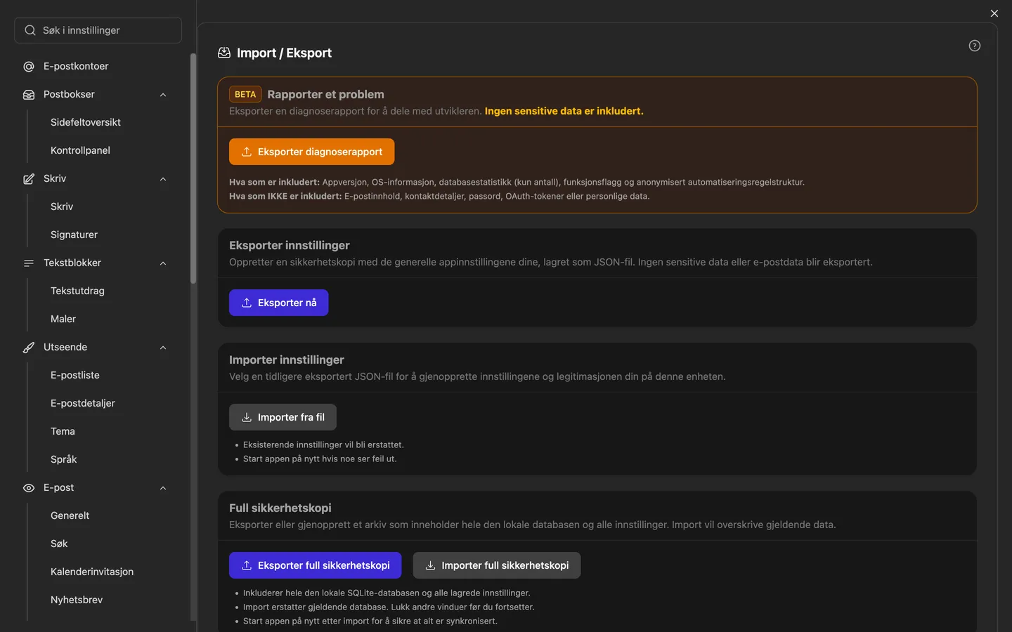 Innstillingene for import og eksport, der også importveiviseren for Thunderbird, Apple Mail, Outlook, eM Client, Mailbird og Mailspring starter