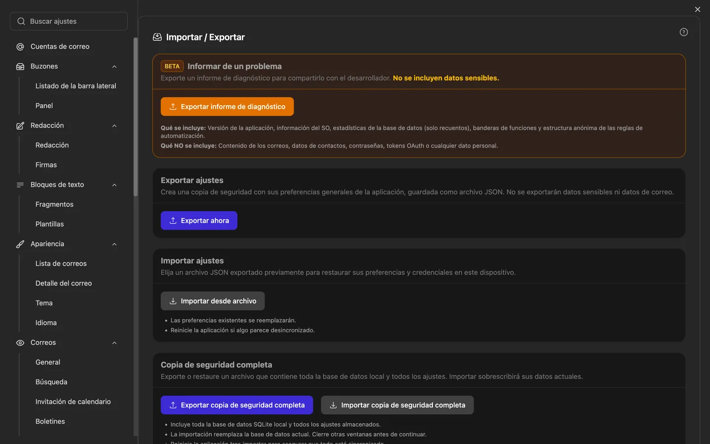 Los ajustes de importación y exportación con la copia de seguridad completa, la restauración y el asistente de importación desde otros programas de correo