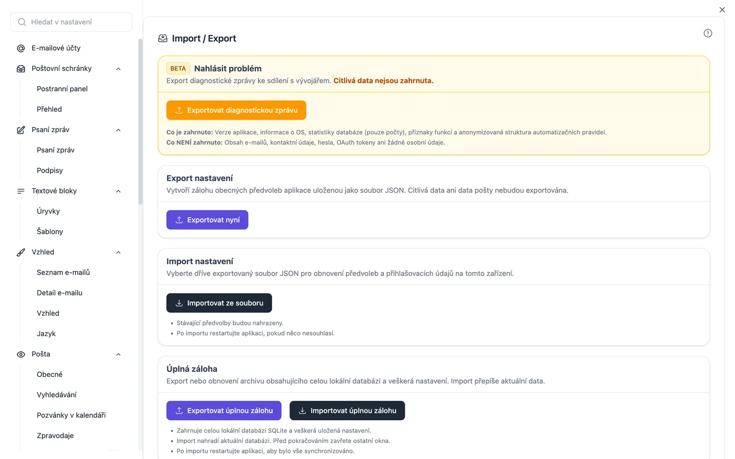 Nastavení importu a exportu, ve kterém se také spouští průvodce importem pro Thunderbird, Apple Mail, Outlook, eM Client, Mailbird a Mailspring