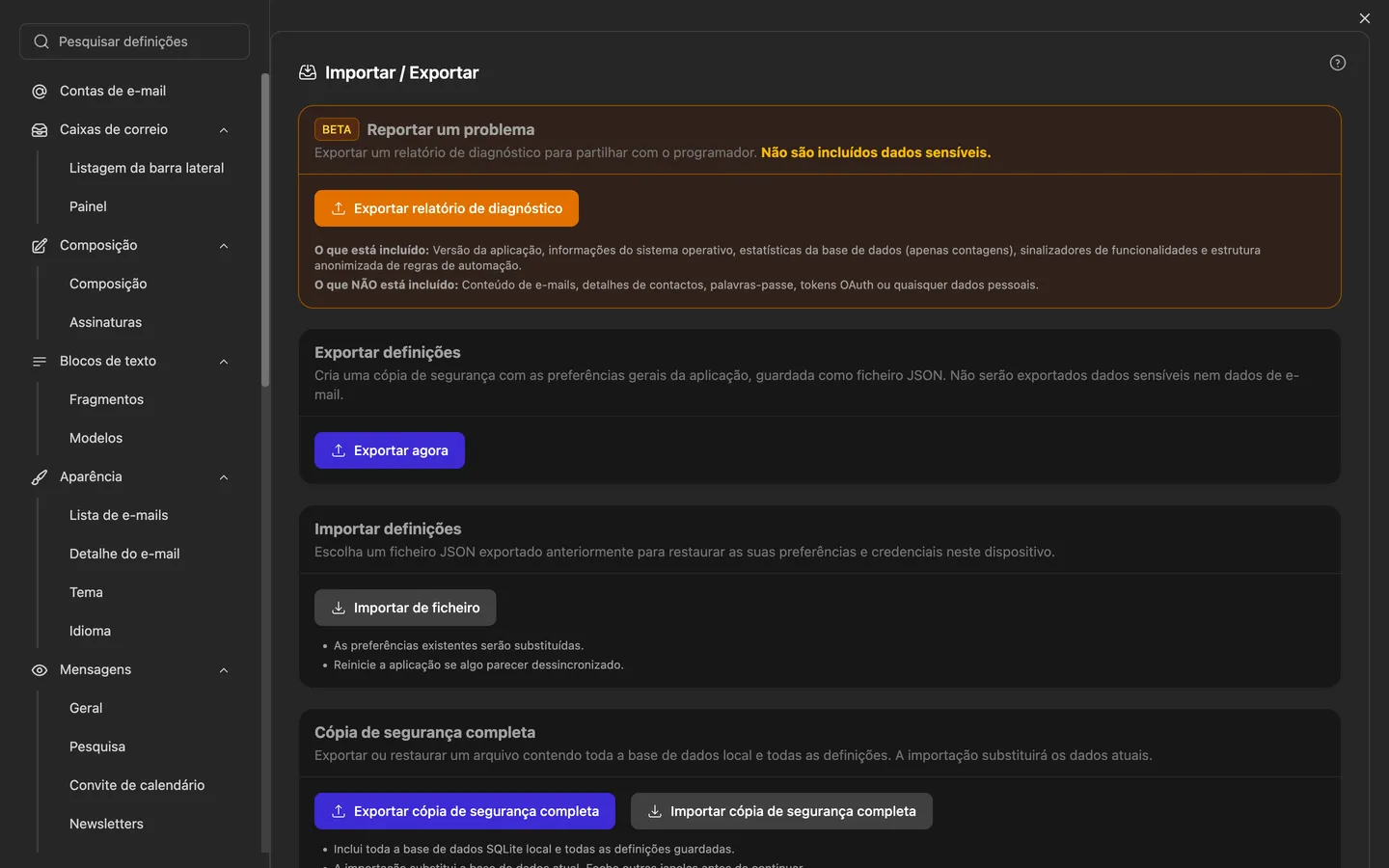 As definições de Importar/Exportar com cópia de segurança completa, restauro e o assistente de importação para outros programas de e-mail