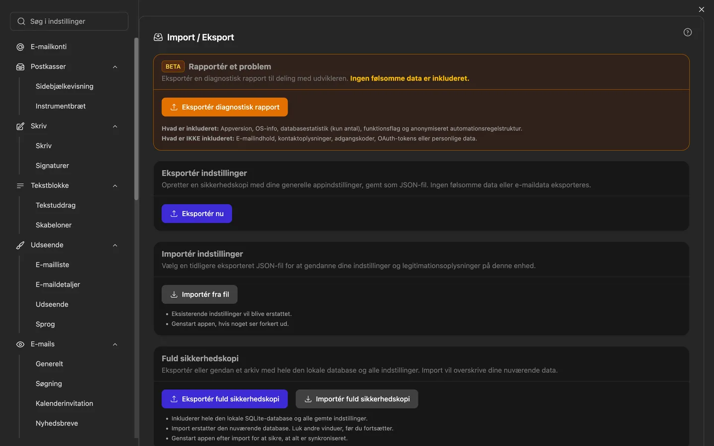Indstillingerne for import og eksport med fuld sikkerhedskopi, gendannelse og importguiden til andre mailprogrammer