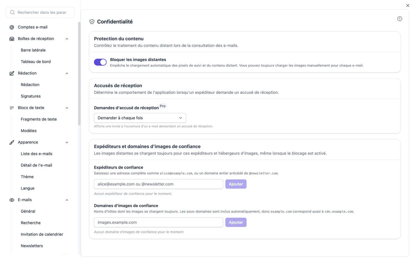 Les paramètres de confidentialité : blocage des images externes, traitement des demandes d'accusé de réception et listes des expéditeurs et des domaines d'images approuvés