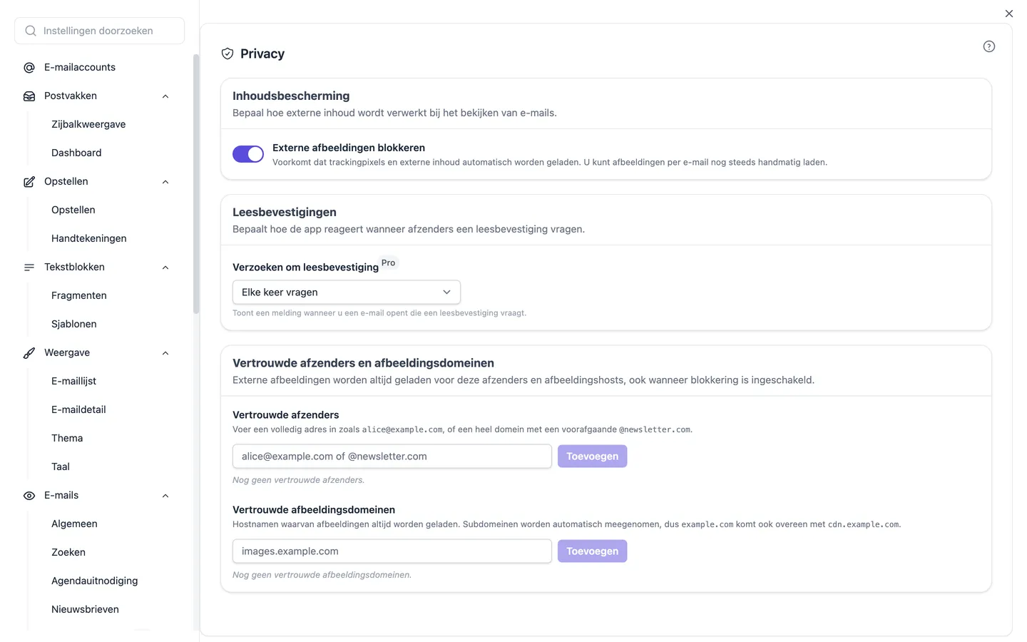 De privacy-instellingen met de schakelaar voor externe afbeeldingen en de lijsten met vertrouwde afzenders en afbeeldingsdomeinen