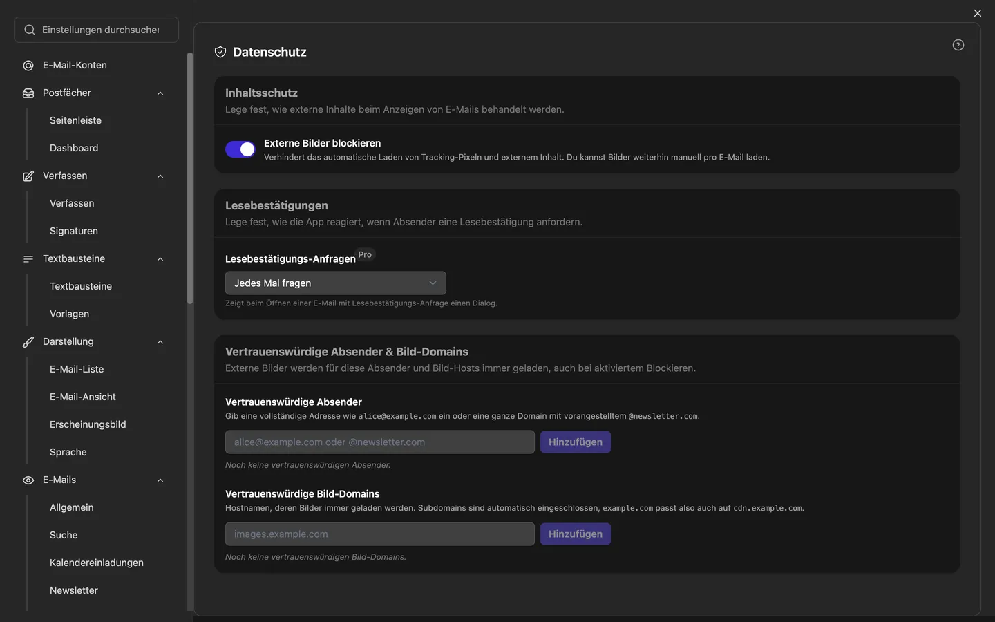 Die Datenschutz-Einstellungen mit dem Schalter für externe Bilder und den Listen vertrauenswürdiger Absender und Bild-Domains