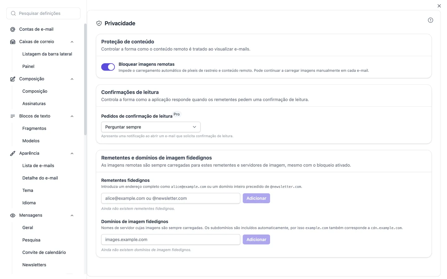 As definições de privacidade: bloqueio de imagens externas, tratamento de pedidos de confirmação de leitura e listas de remetentes e domínios de imagens de confiança