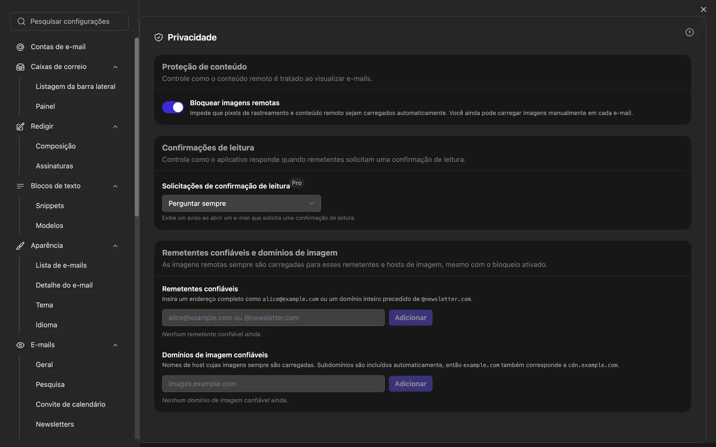 As configurações de privacidade com o botão para imagens externas e as listas de remetentes e domínios de imagem confiáveis