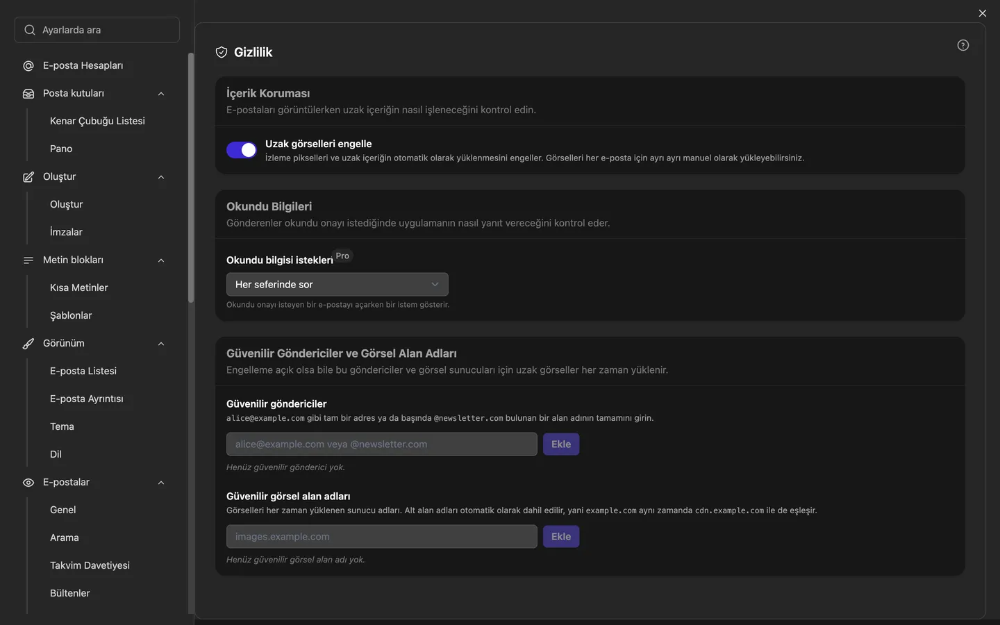 Harici görseller anahtarı ile güvenilir göndericiler ve görsel alan adları listelerini gösteren gizlilik ayarları