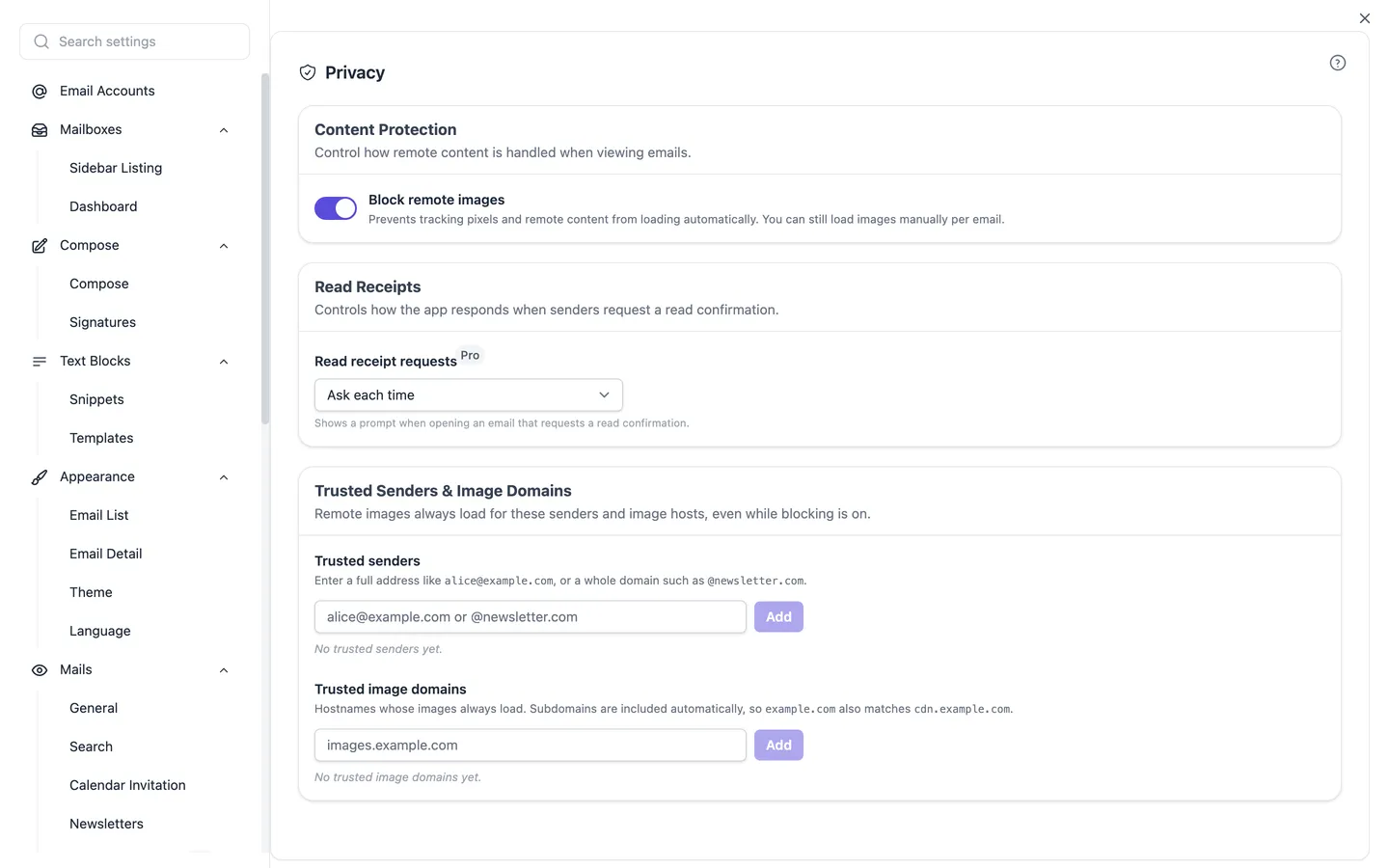 The privacy settings: blocking external images, handling read receipt requests, and the lists of trusted senders and image domains