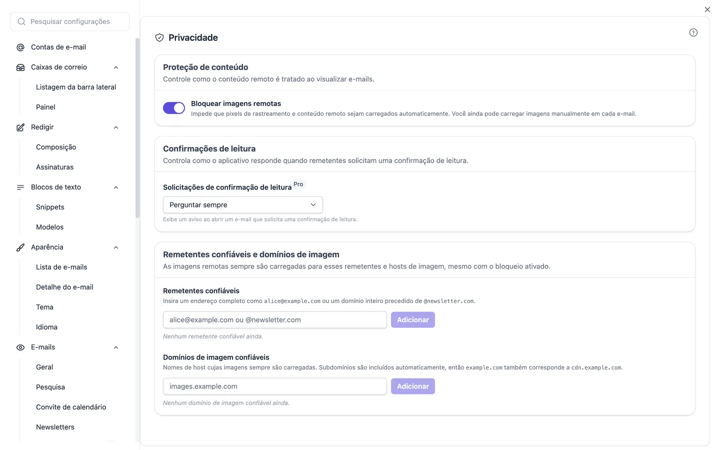 As configurações de privacidade com o botão para imagens externas e as listas de remetentes e domínios de imagem confiáveis