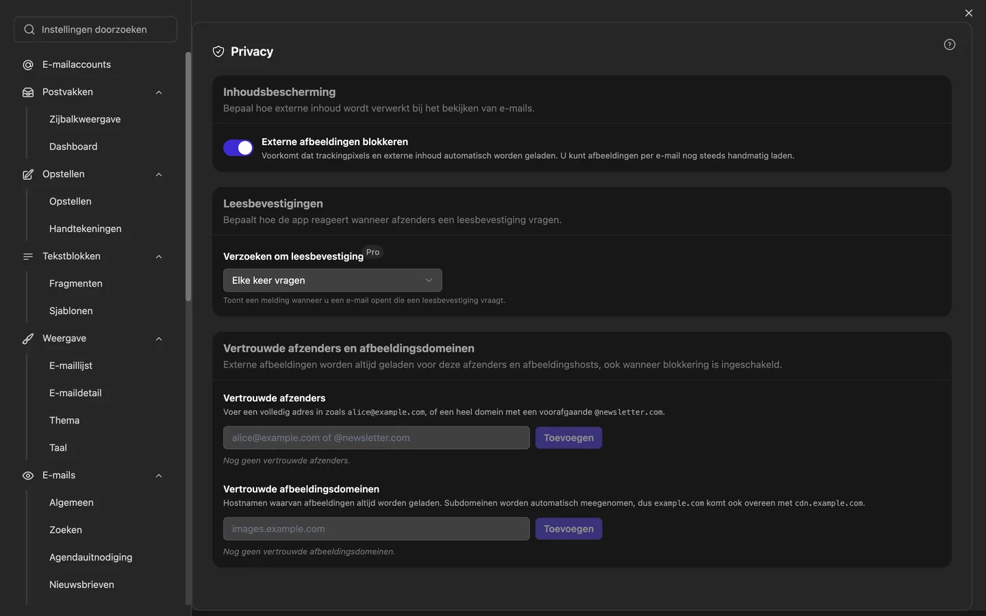 De privacy-instellingen met de schakelaar voor externe afbeeldingen en de lijsten met vertrouwde afzenders en afbeeldingsdomeinen
