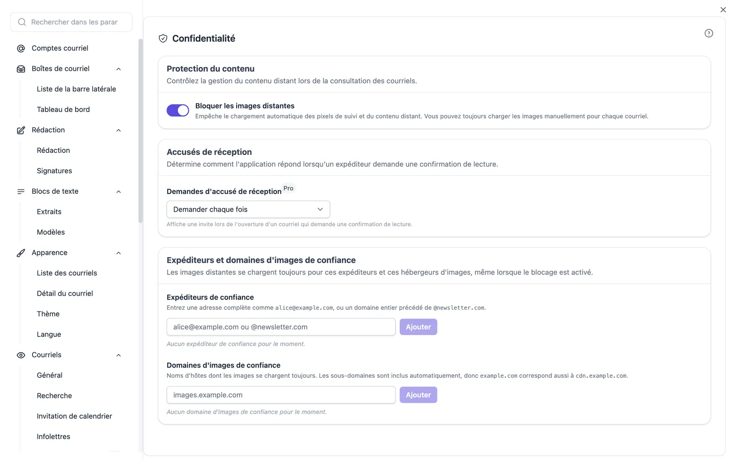 Les paramètres de confidentialité avec l'interrupteur pour les images externes et les listes d'expéditeurs et de domaines d'images de confiance