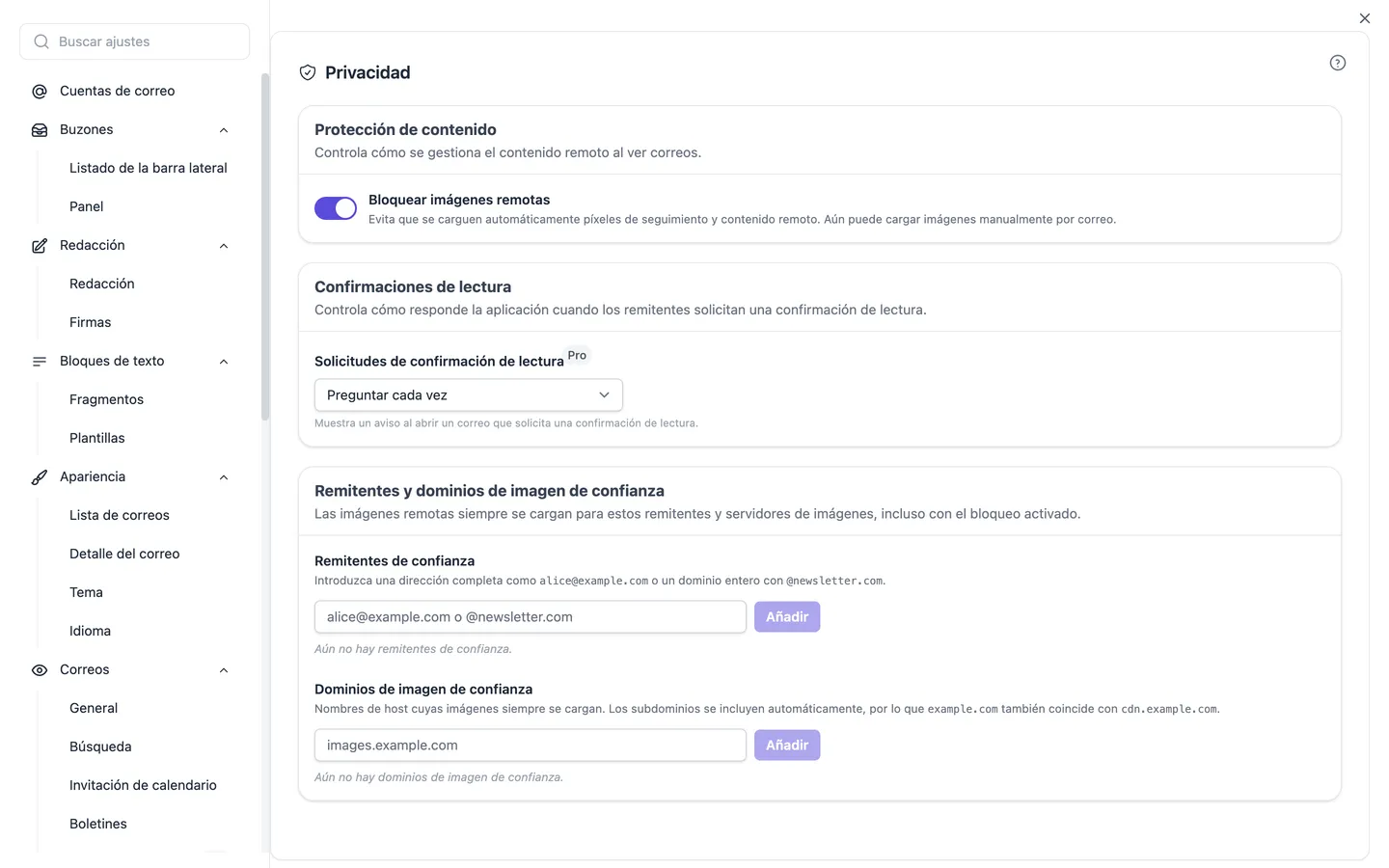 Los ajustes de privacidad: bloqueo de imágenes externas, trato de las solicitudes de confirmación de lectura y listas de remitentes y dominios de imágenes de confianza