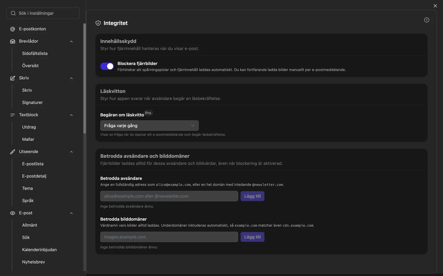 Integritetsinställningarna: blockering av externa bilder, hantering av begäran om läskvitto och listor över betrodda avsändare och bilddomäner
