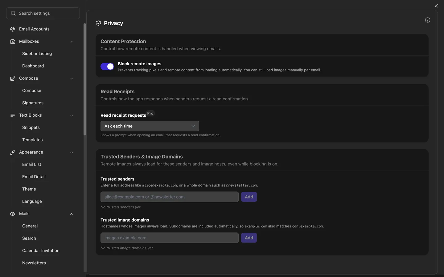 The privacy settings: blocking external images, handling read receipt requests, and the lists of trusted senders and image domains