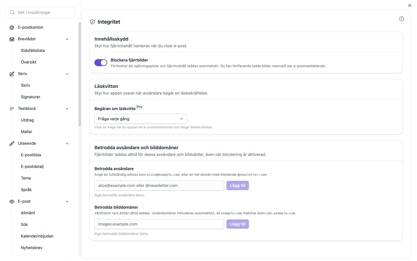 Integritetsinställningarna: blockering av externa bilder, hantering av begäran om läskvitto och listor över betrodda avsändare och bilddomäner