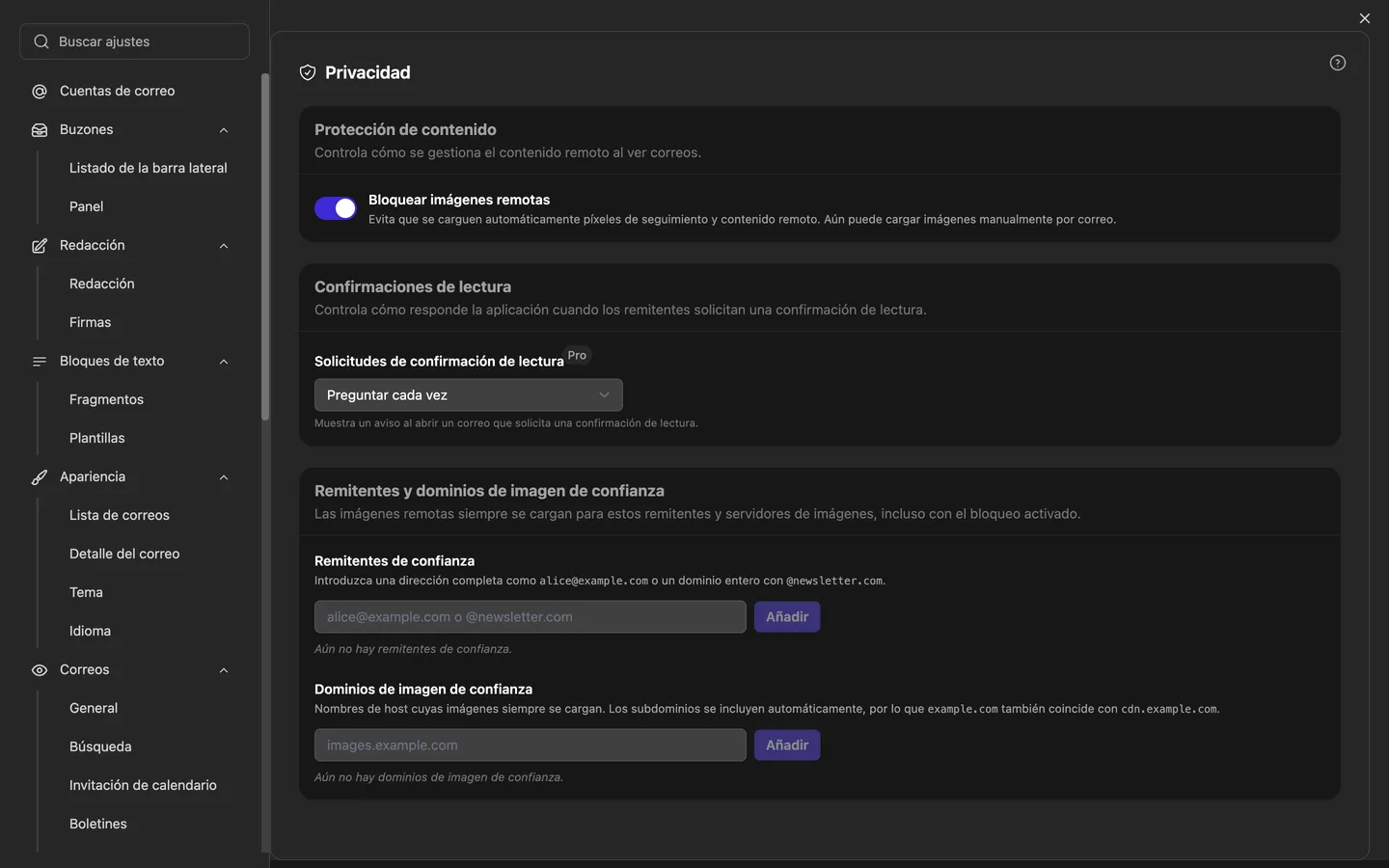 Los ajustes de privacidad: bloqueo de imágenes externas, trato de las solicitudes de confirmación de lectura y listas de remitentes y dominios de imágenes de confianza