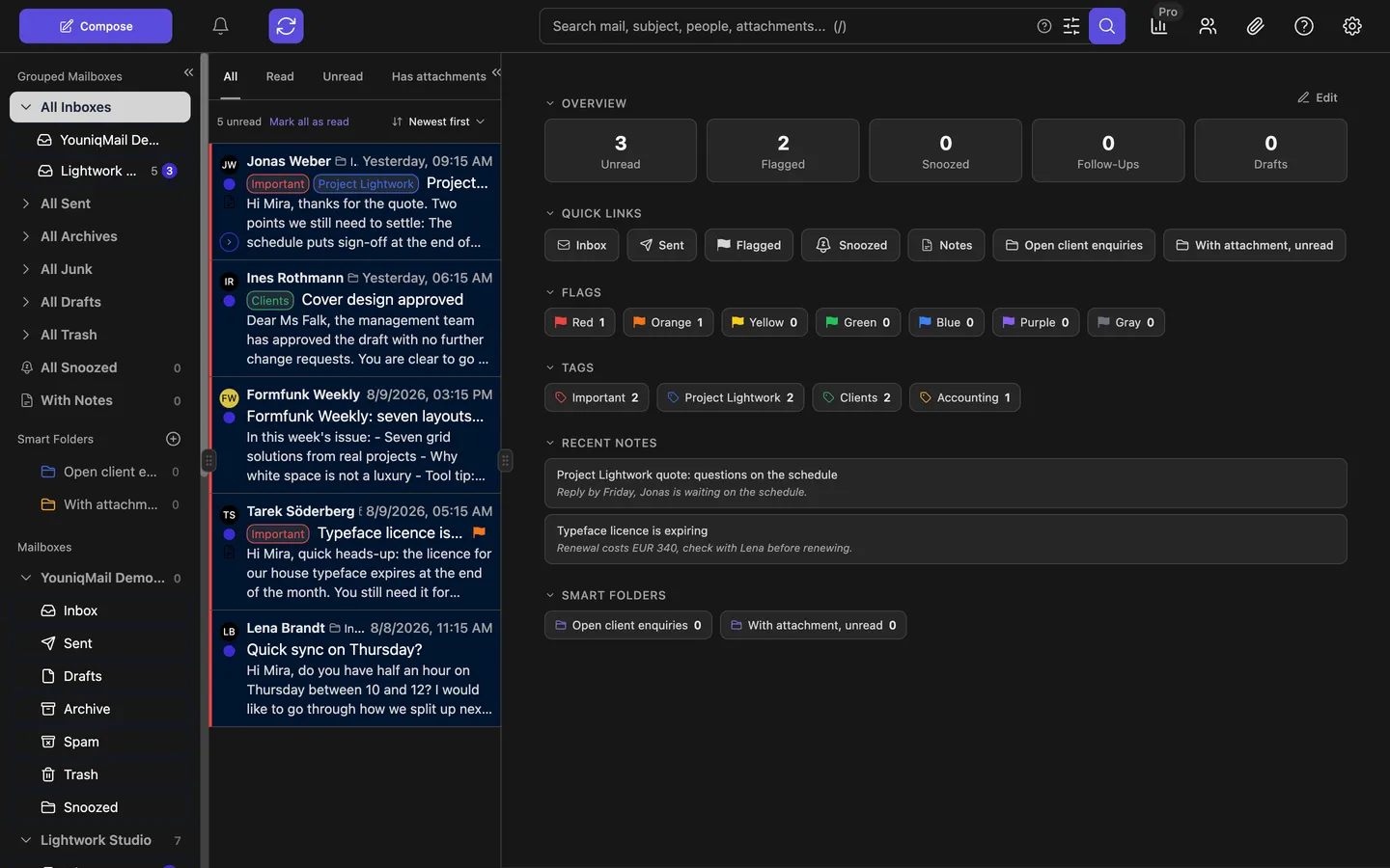 The YouniqMail sidebar with grouped mailboxes, smart folders and each account's folders, next to the message list and the dashboard with tags and flags