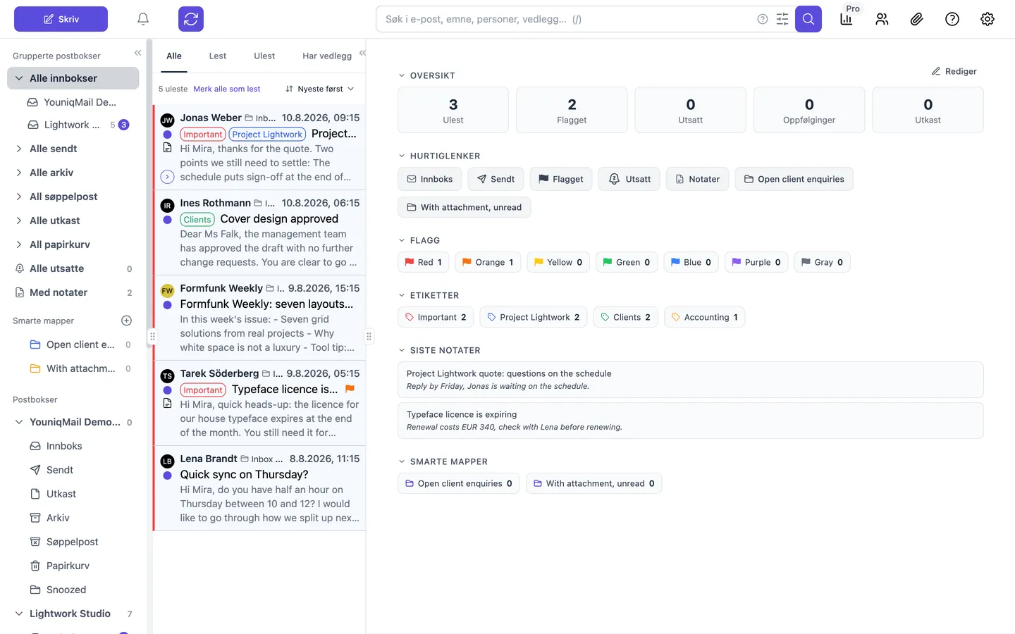 Hovedvinduet i YouniqMail: til venstre sidefeltet med grupperte postbokser, smarte mapper og kontoer, i midten meldingslisten, til høyre kontrollpanelet med oversikt, hurtigtilgang, markeringer og notater