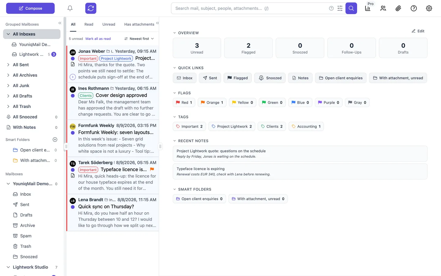 The YouniqMail sidebar with grouped mailboxes, smart folders and each account's folders, next to the message list and the dashboard with tags and flags