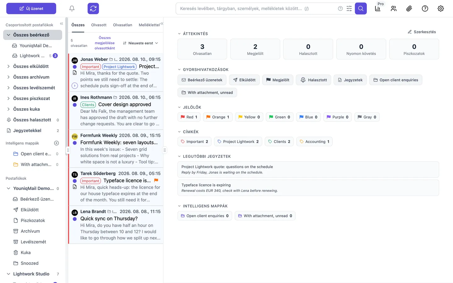 A főablak: oldalsáv csoportosított postafiókokkal és intelligens mappákkal, levéllista, irányítópult